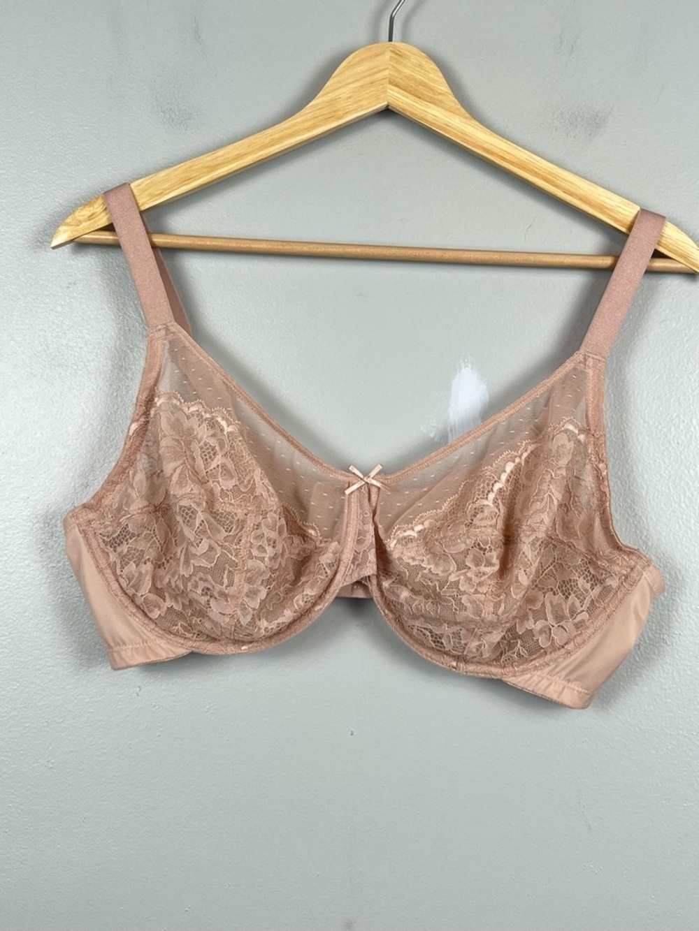 HSIA beige sheer mesh & lace soft cup underwire bra, US 40D.